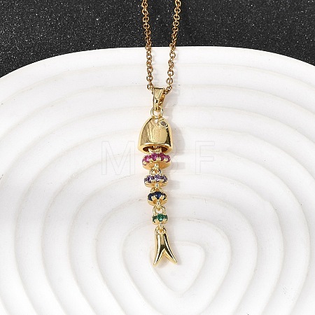 201 Stainless Steel Pave Colorful Cubic Zirconia Fish Bone Pendant Necklaces for Women NJEW-C111-02B-G-1