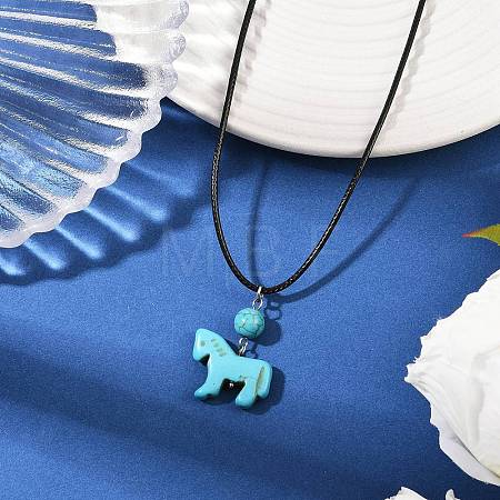 Dyed Synthetic Turquoise Horse Pendant Black Waxed Cord Necklaces NJEW-JN05430-01-1