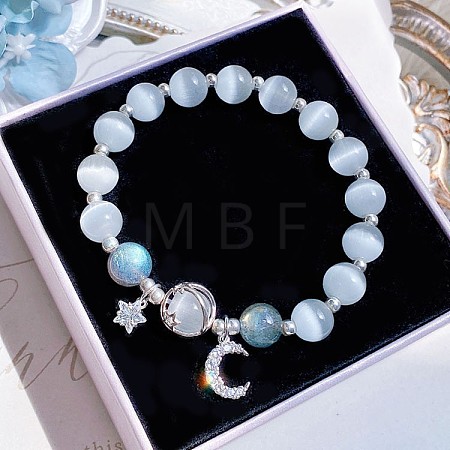 Moon Alloy Cat Eye & Natural Moonstone Round Beaded Charm Bracelets WG18D49-05-1