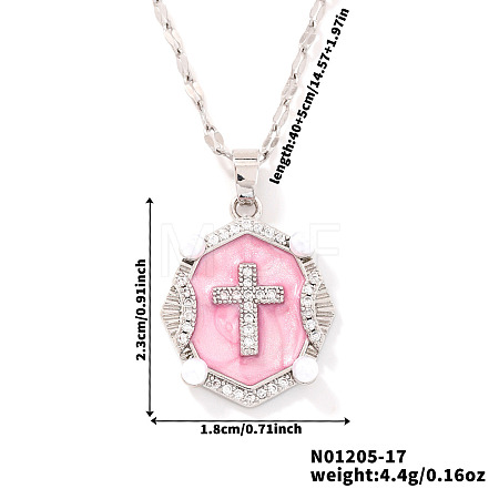 Shiny Retro Brass Micro Pave Clear Cubic Zirconia Oval with Cross Pendant Necklaces with Enamel YR4811-5-1
