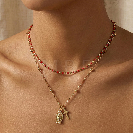 Red Glass Beaded Chain Double Layer Necklaces with Stainless Steel Religion Virgin Cross Pendant QR8888-1-1