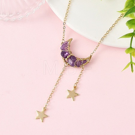 Natural Amethyst Chip Beads Moon Pendant Brass Cable Chain Necklaces for Women NJEW-TA00257-01-1