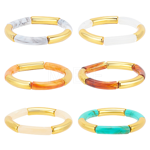 6Pcs 6 Colors Acrylic Curved Tube Beaded Stretch Braceles Set for Women BJEW-AN0001-53-1
