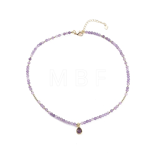 Cubic Zirconia Teardrop Pendant Necklace with Natural Amethyst Beaded Chains NJEW-JN04121-02-1