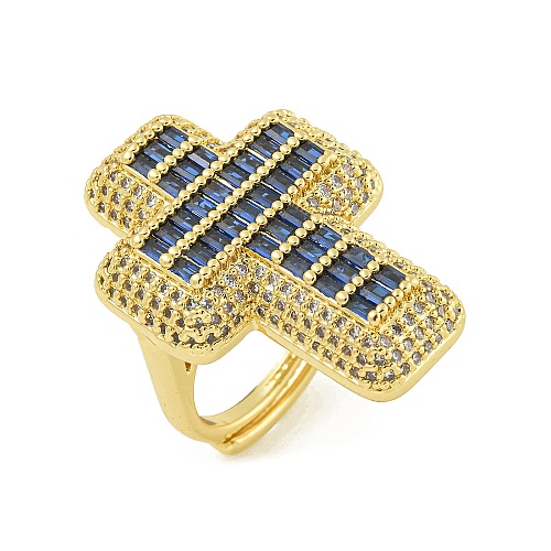 Cross Brass with Cubic Zirconia Open Cuff Rings RJEW-U011-09G-03-1