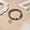 Natural Rudraksha Wood & Mixed Gemstone Stretch Bracelet with Alloy Lotus Charm BJEW-TA00151-2