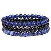 3Pcs 3 Style Natural Lapis Lazuli & Black Agate Round Beaded Stretch Bracelets Set PW23030760213-1