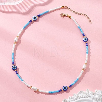 Natural Pearl & Resin Evil Eye & Glass Seed Beaded Necklaces for Women NJEW-MZ00152-01-1