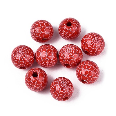 Halloween Printed Spider Webs Colored Wood European Beads WOOD-K007-04E-1