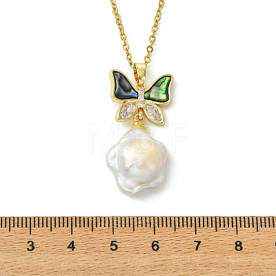 Brass Pave Clear Cubic Zirconia and Natural Abalone Shell Butterfly and Natural Baroque Keshi Pearl Flower Pendant 304 Stainless Steel Cable Chain Necklaces for Women NJEW-JN06116-1