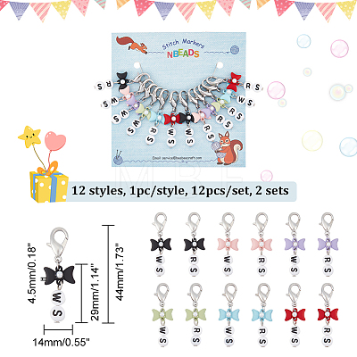 Acrylic Beaded Word RS/WS Pendant Locking Stitch Markers with Alloy Bowknot HJEW-PH01886-1