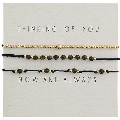 3Pcs 3 Styles Natural Golden Sheen Obsidian & Brass Round Beads Adjustable Bracelets & Brass Round Beads Stretch Braclets for Women TQ6408-3-1
