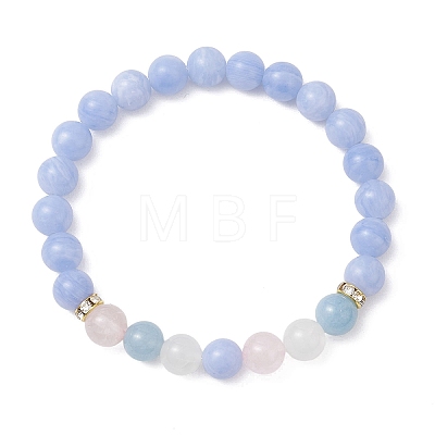 Round Natural Mixed Gemstone Beads & Brass Rhinestone Spacer Beads Stretch Bracelets for Women BJEW-JB12707-1