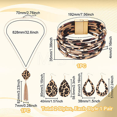 Leopard Print Teardrop Dangle Earrings & Multi-strand Bracelet & Tassel Pendant Necklace AJEW-AN0007-08-1