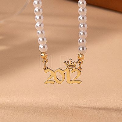Alloy Crown Birth Year Pendant Imitation Pearl Round White Beaded Necklaces for Women FS-WG173C9-09-1
