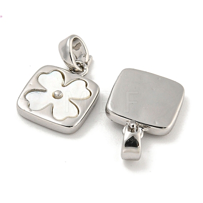 Natural Shell & Brass Square with Flower Charms with Snap on Bails KK-P275-05P-1