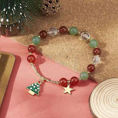 Natural Mixed Gemtone Beaded Stretch Bracelets with Alloy Enamel Christmas Tree Charms BJEW-TA00267-1