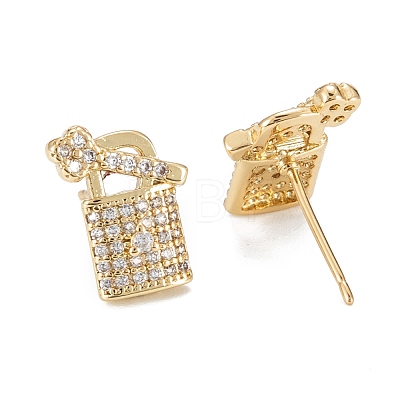 Padlock & Key Sparkling Cubic Zirconia Stud Earrings for Girl Women EJEW-H126-12G-1