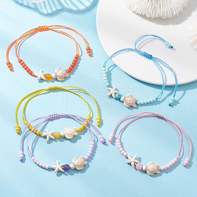 Adjustable Ocean Starfish Turtle Natural Mixed Gemstone & Glass Seed Beads Braided Bracelets BJEW-MZ00324-1