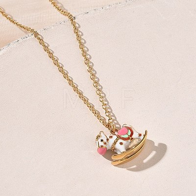 304 Stainless Steel Enamel Rocking Horse Pendant Necklaces for Women NJEW-T022-01B-1