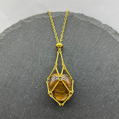 Natural Tiger Eye Nuggets Macrame Pouch Pendant 201 Stainless Steel Chain Necklaces FS-WG7A779-17-1