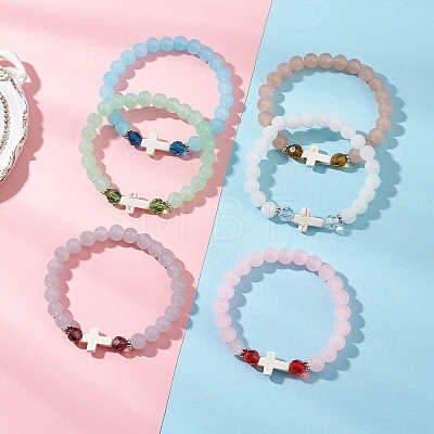 6Pcs Round Spray Painted Imitation Jade Glass Beads Stretch Bracelets for Women BJEW-JB12881-1