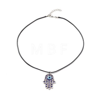 Aquamarine Rhinestone Hamsa Hand with Resin Evil Eye Pendant Necklace for Women NJEW-JN03956-02-1