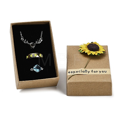 Kraft Paper Gift Boxes with Faux Sunflower Outside for Jewelry Set CON-Z011-01A-02-1