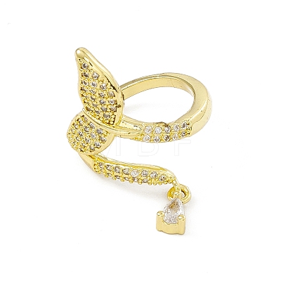 Clear Cubic Zirconia Fishtail Shape with Teardrop Charm Open Cuff Ring RJEW-I091-19G-1