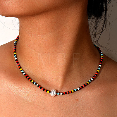 Bohemian Style Glass Seed Beaded Necklaces with Imitation Pearl Beads SN7865-1