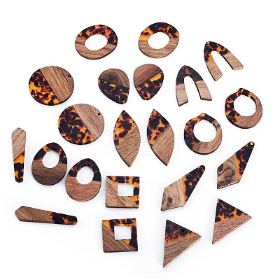22Pcs 11 Styles Transparwnt Resin & Walnut Wood Pendants RESI-TA0005-75-1