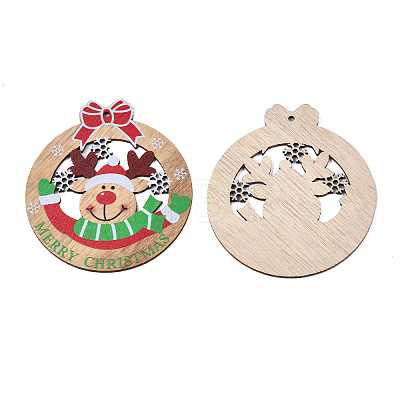 Christmas Theme Single-Sided Printed Wood Big Pendants WOOD-N005-61-1