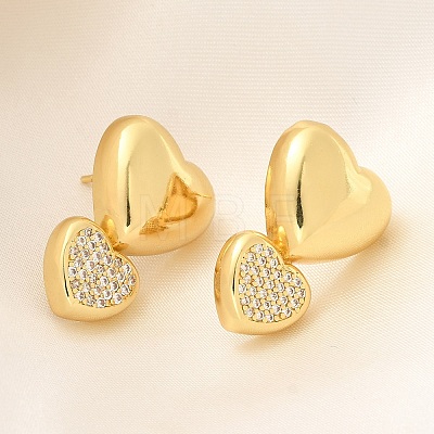 Rack Plating Heart Brass Micro Pave Clear Cubic Zirconia Stud Earrings EJEW-H143-26G-1