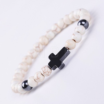 Synthetic Howlite & Synthetic Non-magnetic Hematite Beads Stretch Bracelets for Women Men BO6196-4-1