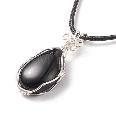 Natural Obsidian Teardrop Pendant Necklaces Set with Waxed Cords for Women NJEW-TA00034-02-1