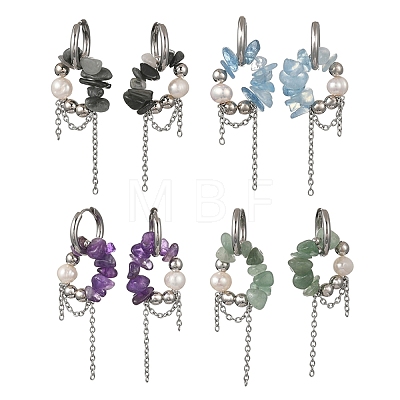 4 Pairs 4 Styles Natural Amethyst & Aquamarine & Green Aventurine & Eagle Eye Stone Chips Drop Earrings EJEW-TA00817-1