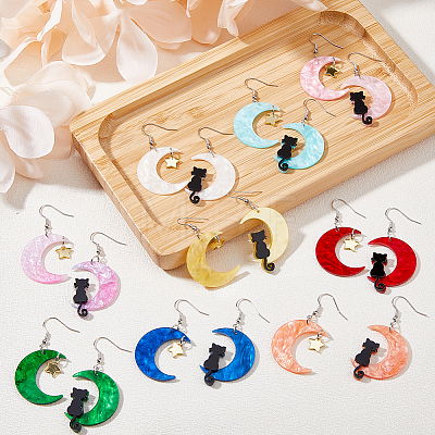 FIBLOOM 9 Sets 9 Colors Moon & Star & Cat Resin Asymmetrical Earrings EJEW-FI0002-35-1