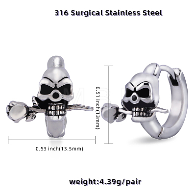 316 Stainless Steel Skull with Rose Hoop Earrings for Men Women EJEW-SZ0001-94-1
