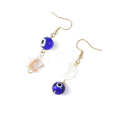 Handmade Lampwork Evil Eye and Natural Freshwater Shell Dangle Earrings EJEW-JE07450-1