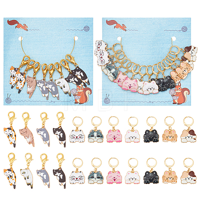  2 Sets 2 Style Cat Alloy Enamel Charm Locking Stitch Marker HJEW-NB0002-11-1