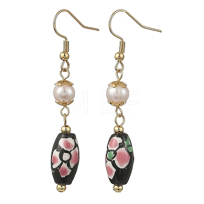 Printed Handmade Porcelain & Natural Freshwater Pearl Dangle Earrings EJEW-JE07374-1