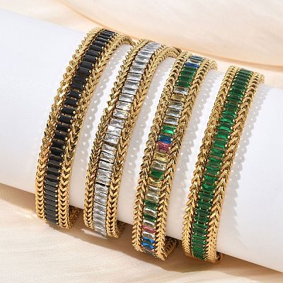 304 Stainless Steel & Glass Wheat Chain Double Layers Bracelets for Women BJEW-F540-08G-1