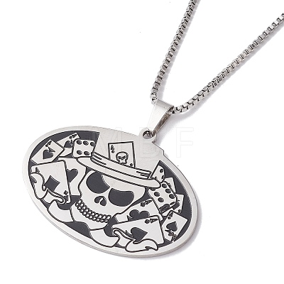Oval with Skull 304 Stainless Steel Pendant Necklaces NJEW-K253-31P-1