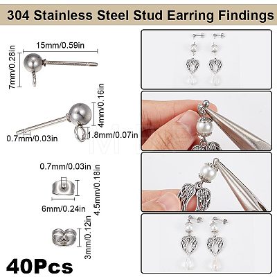 40Pcs 304 Stainless Steel Ball Post Stud Earring Findings STAS-SC0005-26-1