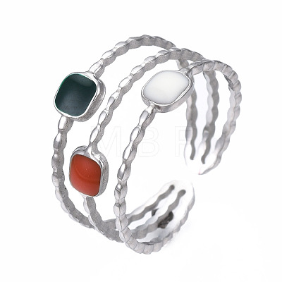 304 Stainless Steel Square Open Cuff Ring with Enamel RJEW-T023-52P-1