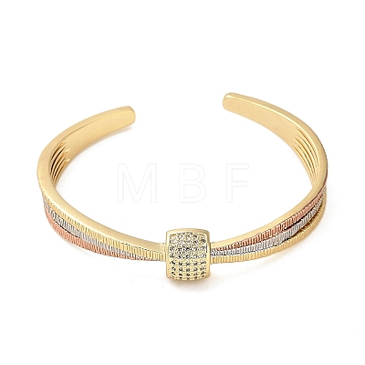 Brass Micro Pave Clear Cubic Zirconia Flat Round Open Cuff Bangles for Women BJEW-M312-13-1