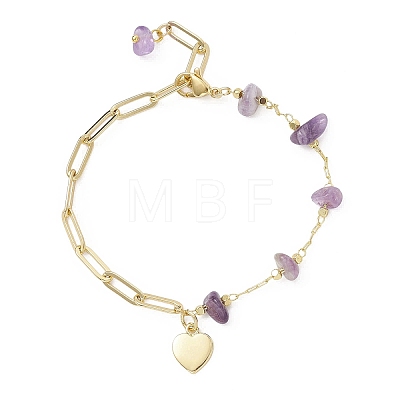 Natural Amethyst Chip Bead & Brass Paperclip Chains Bracelets BJEW-JB12715-01-1