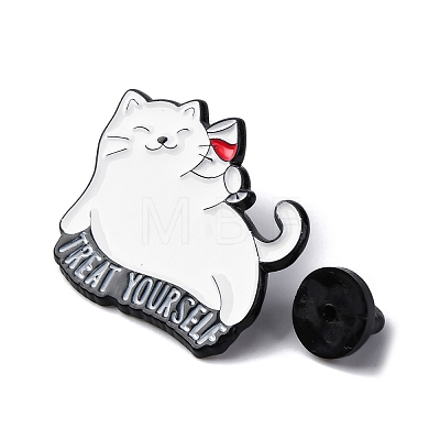 Cat with Word Treat Youself & Red Wine Enamel Pins JEWB-Q015-01B-1