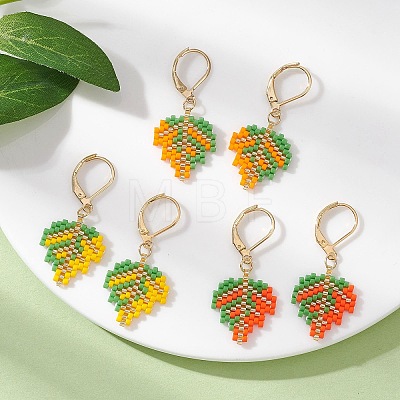 3 Pairs 3 Colors Leaf Glass Seed Beaded Leverback Earrings EJEW-MZ00701-1