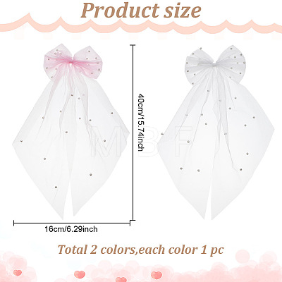 GOMAKERER 2Pcs 2 Colors Bowknot Long Mesh Tulle Bridal Veils with Hair Barrettes & Imitation Pearl OHAR-GO0001-10-1